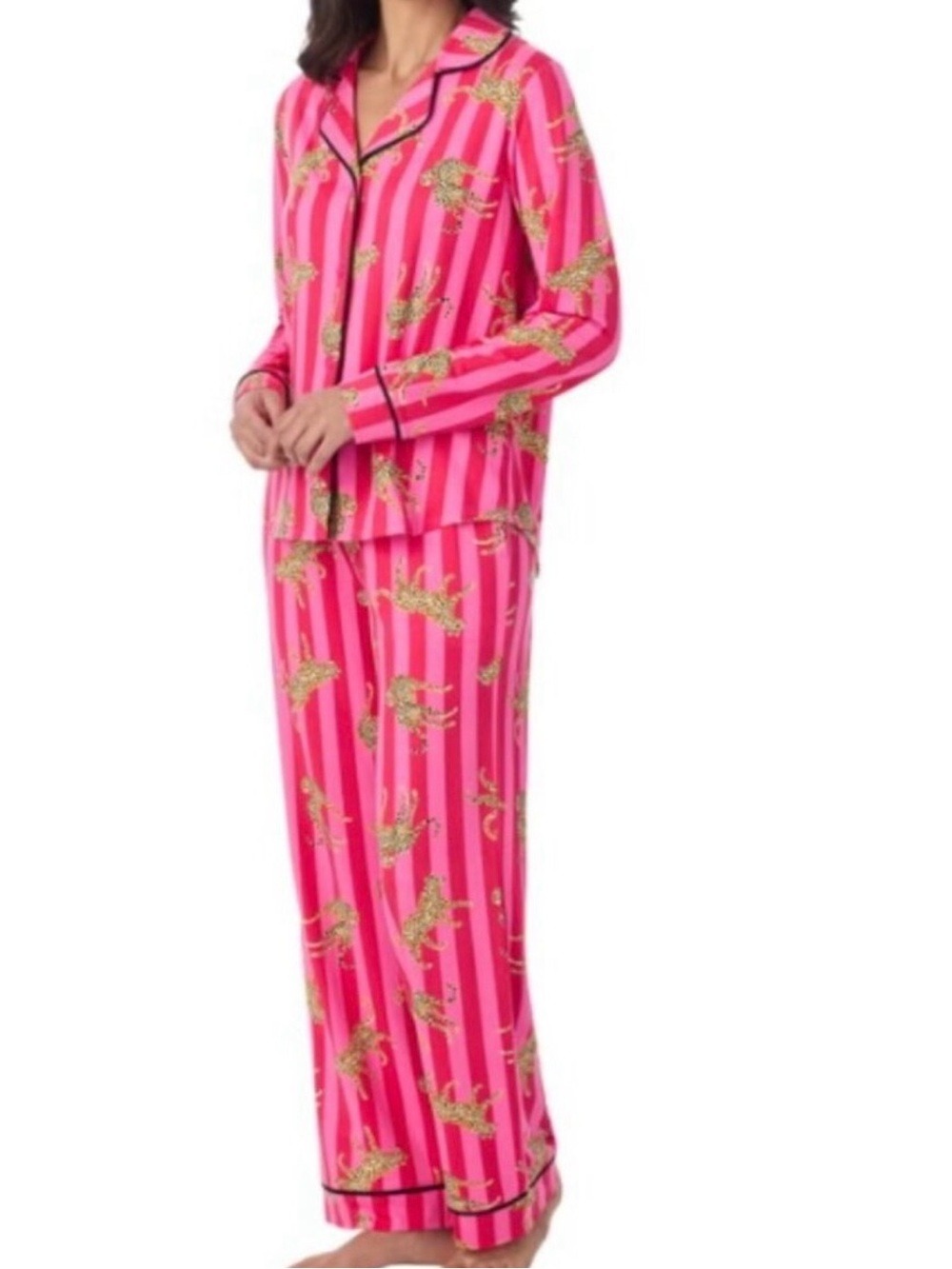 NEW WITH TAGS-Room Service Shawl Collar Leopard Stripe Notch Collar Pajama Set